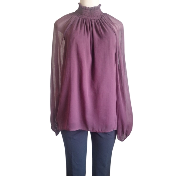 NWT! Joie Sheer Smocked Mock Neck Blouse Burgundy Long Sleeve Boho Top Sz Large - Picture 1 of 9